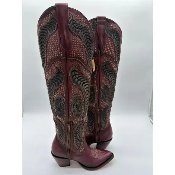 Corral Western Dark Pink Maroon Artisan Denim Embroidery OTK Stud Boot A4703 8
